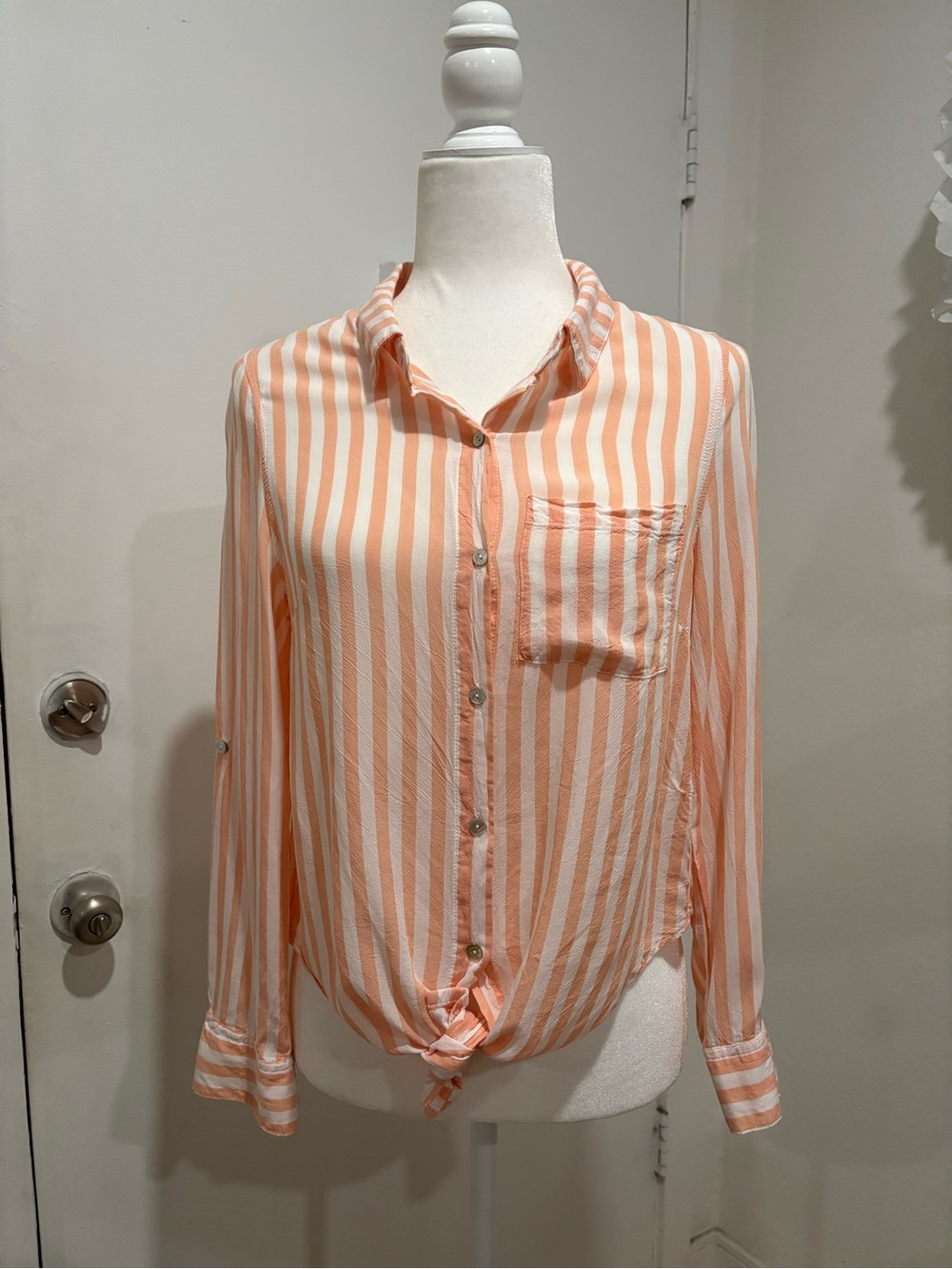 Love- tree Striped Peach Button-Front Tie Hem Women's Top
